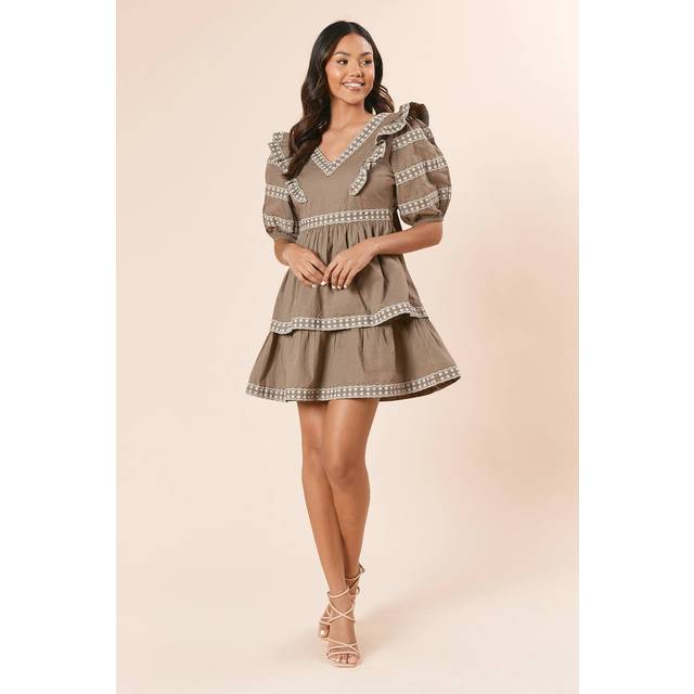 Womens Embroidered Trim Ruffle Shoulder Mini Dress - Khaki - 10