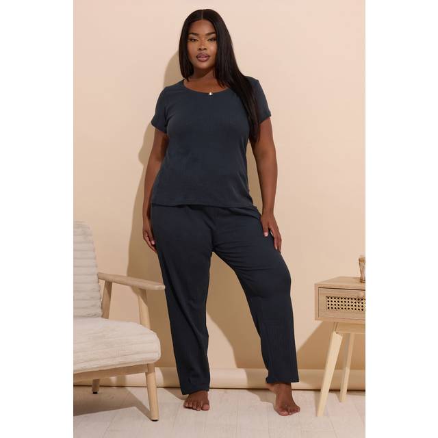 Yours Curve Navy Blue Pointelle Wide Leg Pyjama Set - 26-28