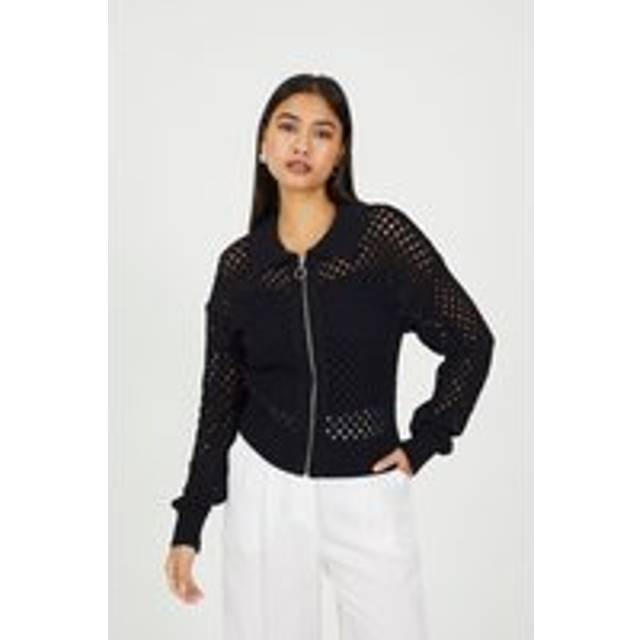 Brave Soul Crochet Knit Zip Through Cardigan In Black