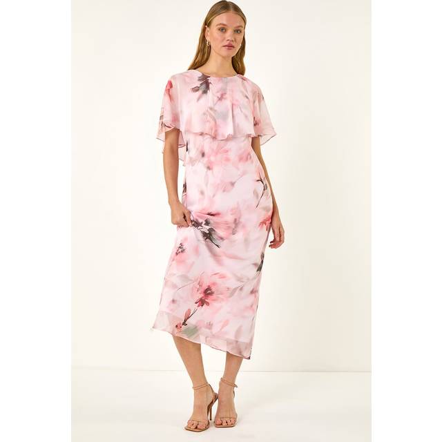 Roman Pink Floral Frill Chiffon Cape Midi Dress - Size 20
