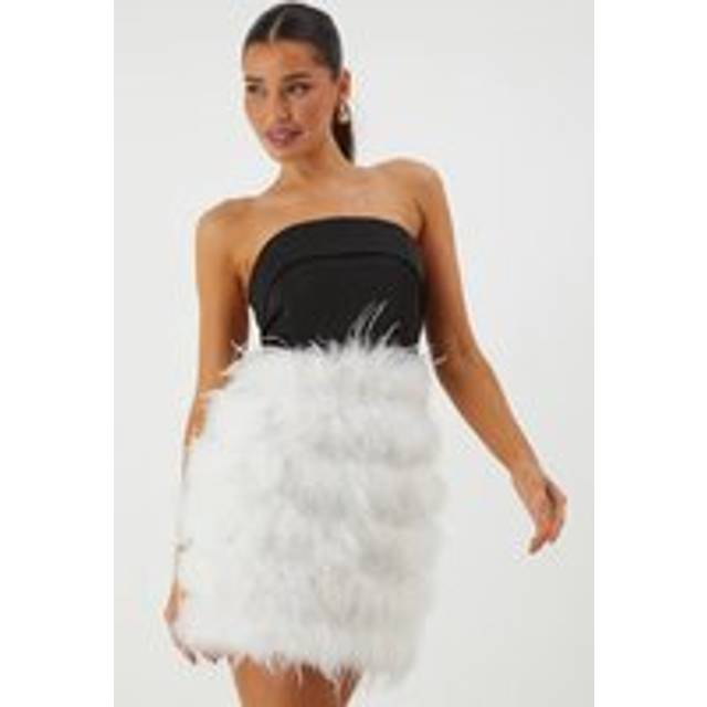 Womens Bandeau Satin Feather Mini Dress - Black - 14