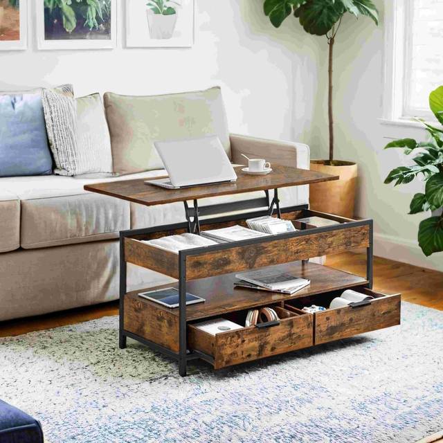 Lift Top Coffee Table with Storage Drawers, Rustic Brown + Ink Black