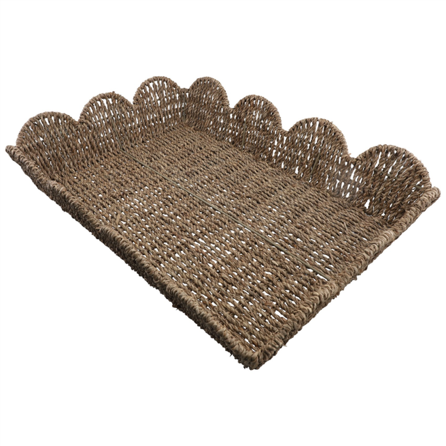 Large Wicker Fan-Shaped Edge Tray, Rectangular Hand-Woven Rattan Decorative Tray