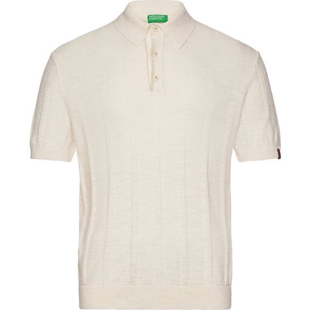 Benetton Linen Blend Regular Fit Short Sleeve Polo Shirt, White Cream