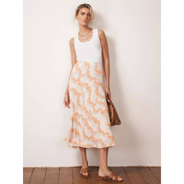 Mint Velvet Floral Midi Slip Skirt, Cream/Orange