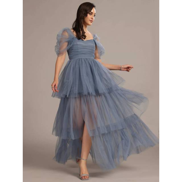 Lace & Beads Sydney Off Shoulder Tulle Tiered Maxi Dress, Dusty Blue