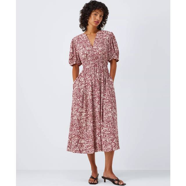 John Lewis Short Sleeved Shirred Floral Print Midi Dress, Dark Red