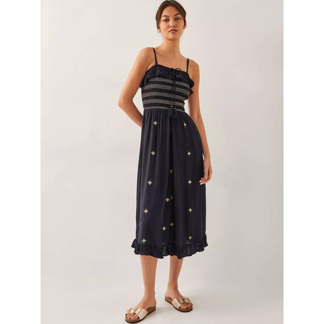 Monsoon Blair Embroidered Frill Midi Dress, Black
