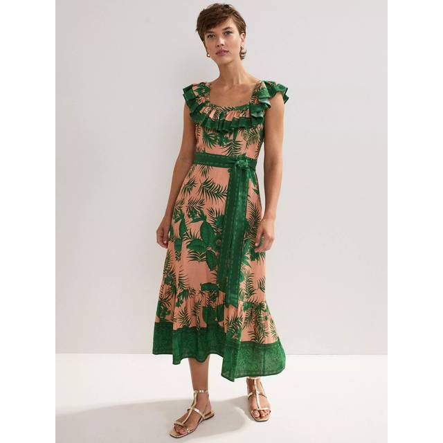 Phase Eight Sandra Linen Blend Floral Midi Dress, Coral