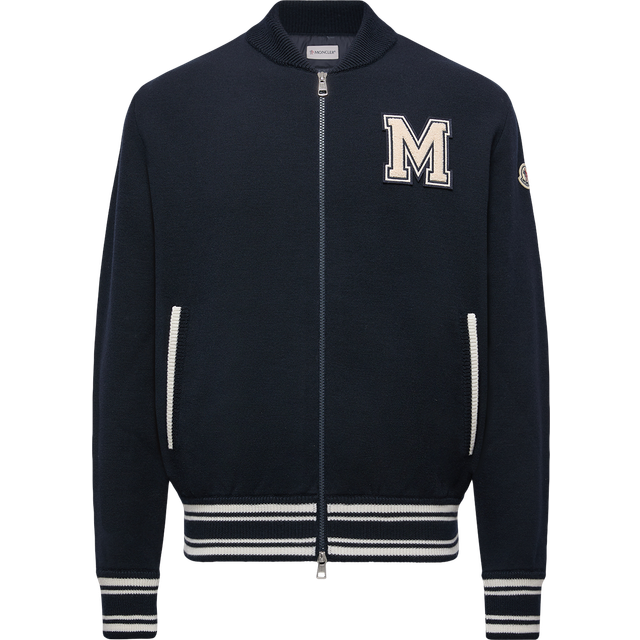 MONCLER COLLECTION Embroidered Monogram Padded Zip-Up Wool Blend Cardigan, Men, Blue, Size: S