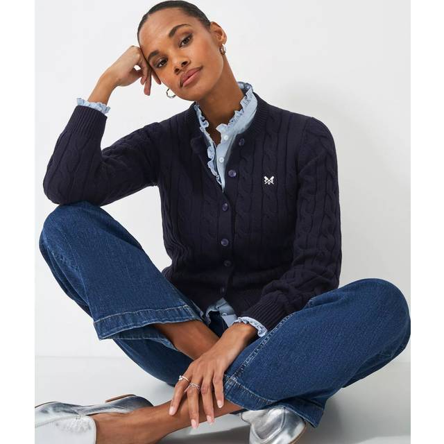 Crew Clothing Summer Heritage Cable Knit Cardigan, Navy Blue
