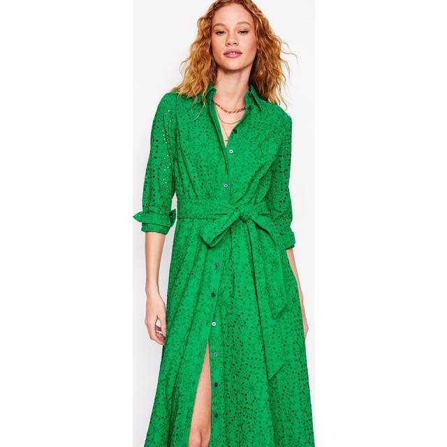 Boden Amy Cotton Broderie Anglaise Shirt Dress, Rich Emerald