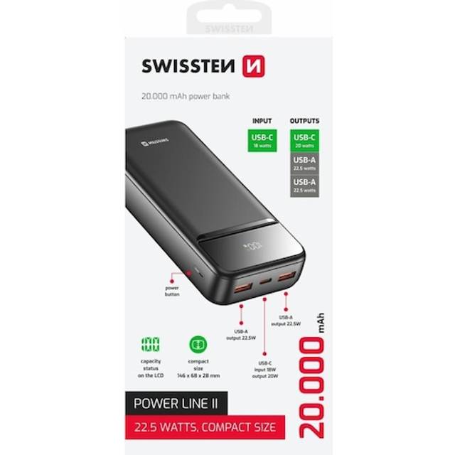 Swissten 20000mah external battery with usb-c and 2 usb compact led display