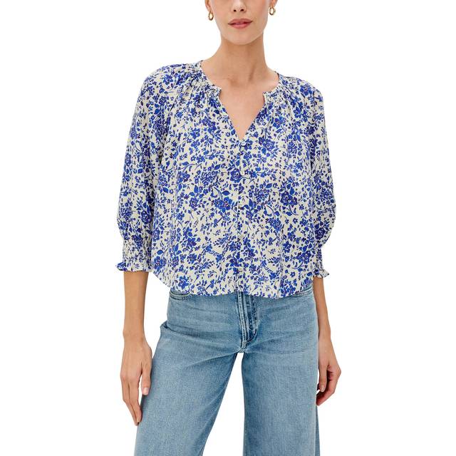 Mariah Floral Three-Quarter Sleeve Top - BLUE MARGUERITE - Large