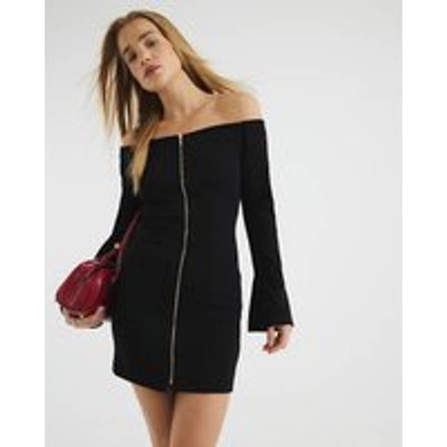 River Island Womens Black Long Sleeve Zip Bardot Mini Dress - 18