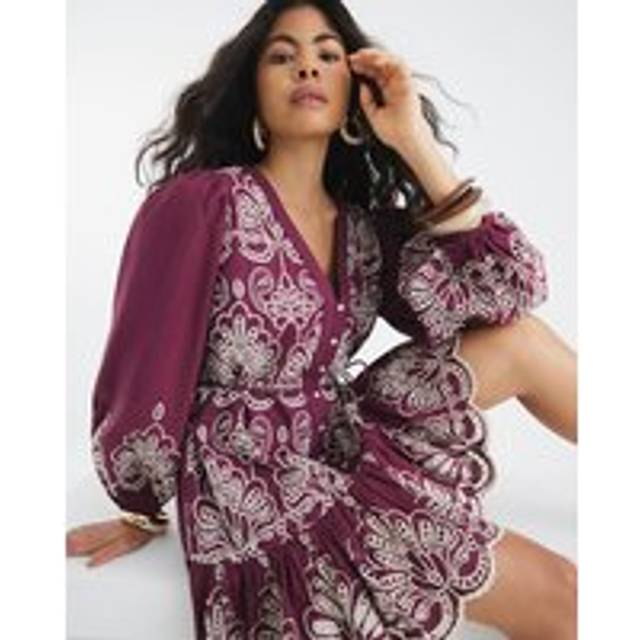River Island Womens Red Long Sleeve Broderie Shirt Dress - 16
