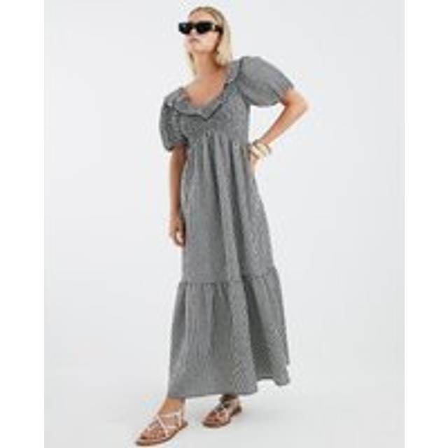 River Island Womens Petite Black Gingham V Neck Frill Midi Dress - 14