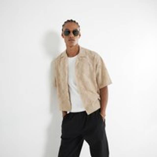 Mens River Island Beige Short Sleeve Diamond Crochet Shirt