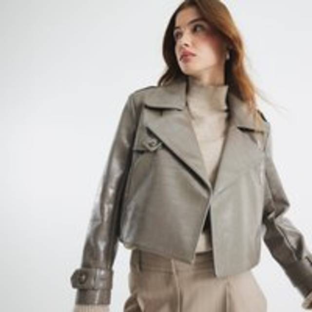 River Island Womens Dark Beige Faux Leather Cropped Trench Coat - S