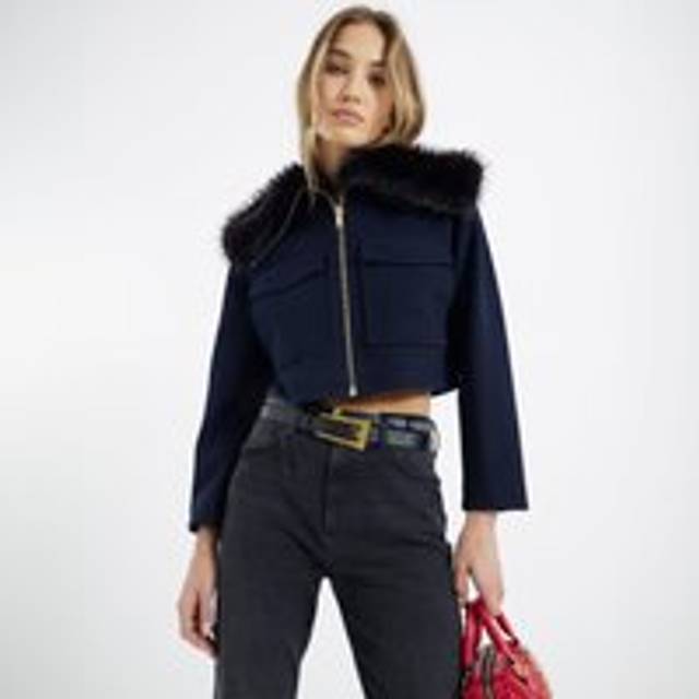 River Island Womens Navy Faux Fur Collar Cropped Jacket - 8