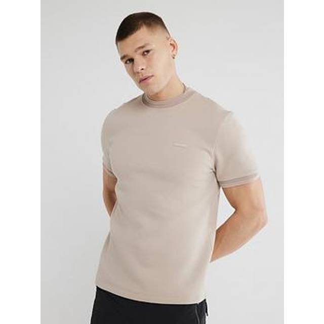 Mens River Island Beige Slim Fit Quilted Ri Badge T-Shirt