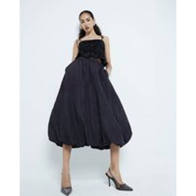 River Island Womens Black Taffeta Bubble Hem Midi Skirt - 8