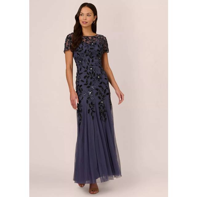 Hand Beaded Short Sleeve Floral Godet Gown In Smoky Peri - 4