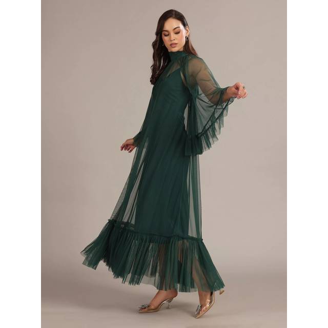 Lace & Beads Malta Long Sleeved Sheer Tulle Maxi Dress, Emerald Green