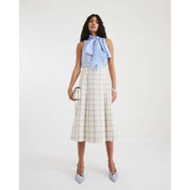 River Island Womens Cream Check Pleated Midi Skirt - 6
