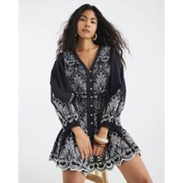 River Island Womens Black Long Sleeve Broderie Shirt Dress - 18