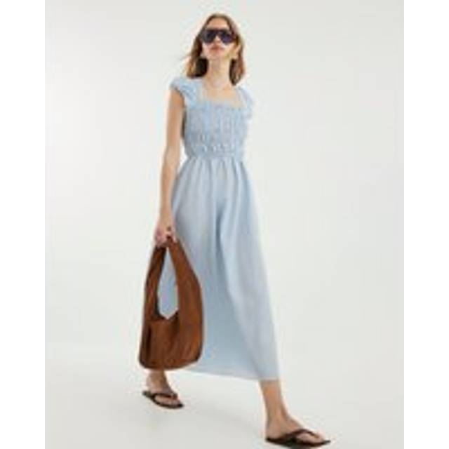 River Island Womens Blue Gingham Cap Sleeve Shirred Midi Dress - 14