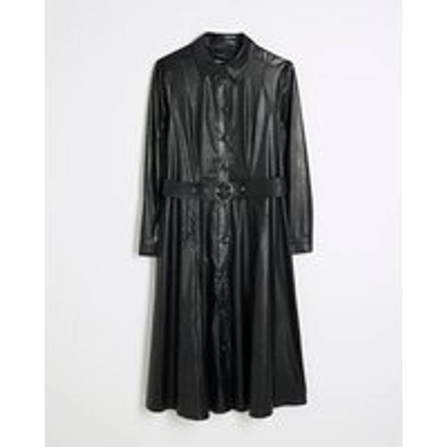 River Island Womens Petite Black Faux Leather Shirt Midi Dress - 14