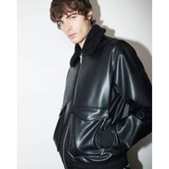 Mens River Island Black Faux Leather Bomber Jacket