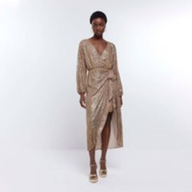 River Island Womens Gold Sequin Long Sleeve Wrap Dress - 6