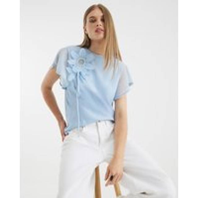 River Island Womens Blue Short Sleeve Diamante Flower T-Shirt - L
