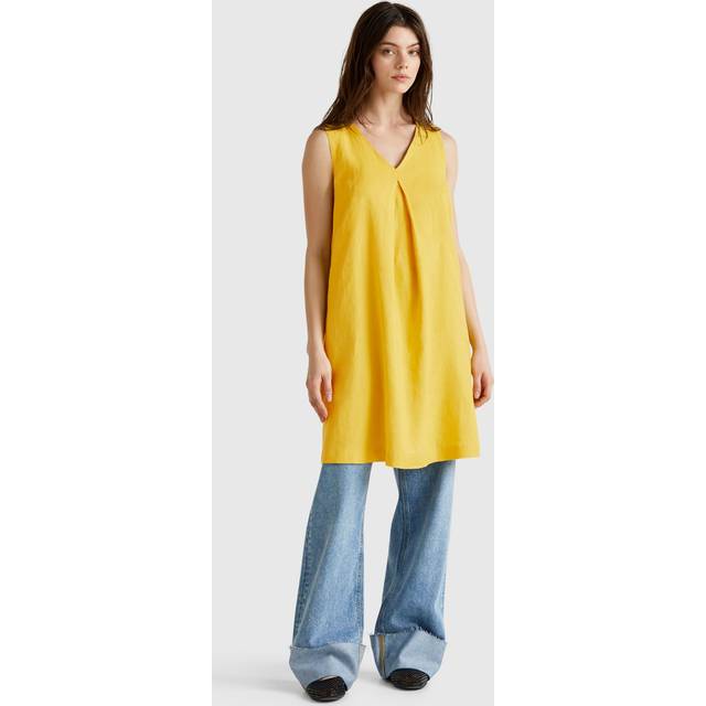 Benetton, Sleeveless Dress In Pure Linen, size L, Mustard, Women