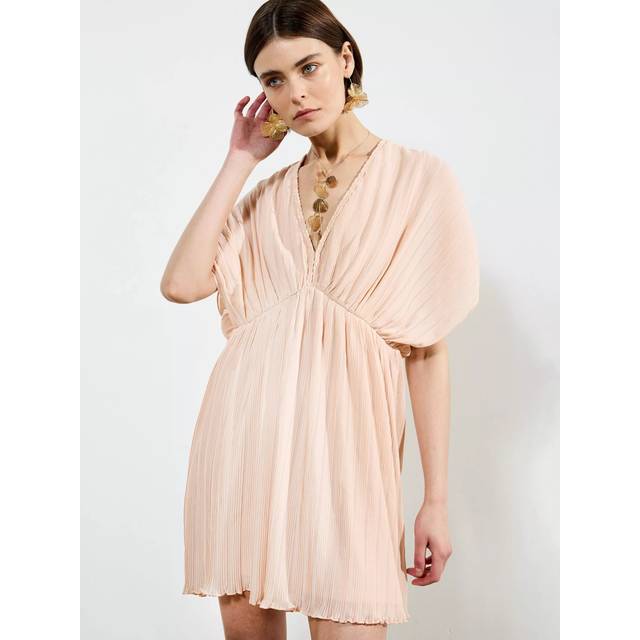 French Connection Plisse V-neck Ruched Short Sleeve Mini Dress - Pink, Pink, Size L, Women