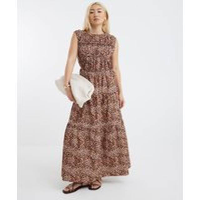 River Island Womens Beige Leopard Drawstring Tiered Maxi Dress - 14