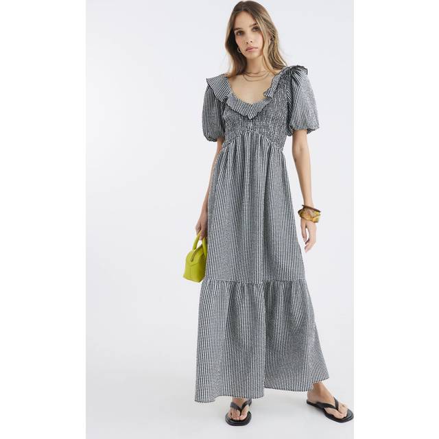 River Island Womens Black Gingham V Neck Frill Midi Dress - 22