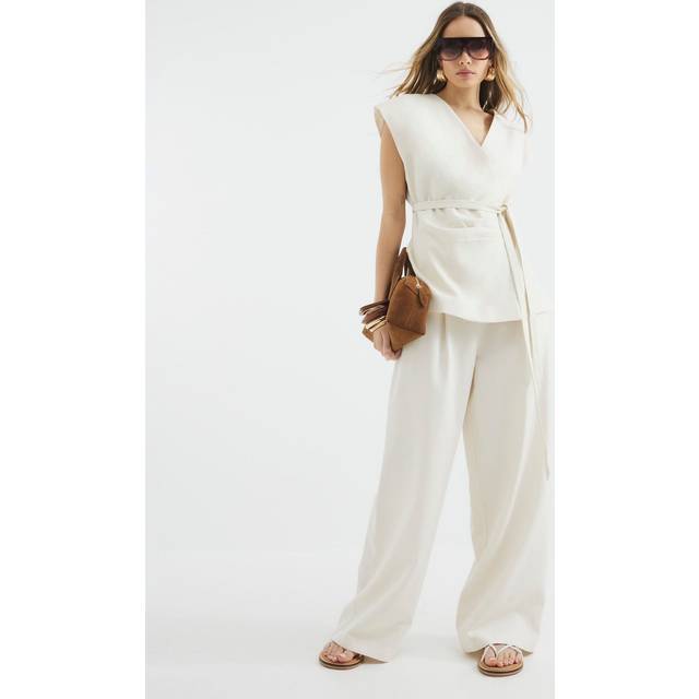 River Island Womens Cream Linen Blend Wide Leg Trousers - 10