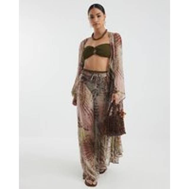 River Island Womens Petite Khaki Animal Print Wide Beach Trousers - L