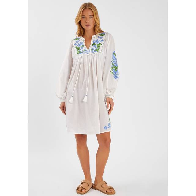 White Embroidered Long Sleeve Cotton Smock Dress, Size: M, Women's - Accessorize