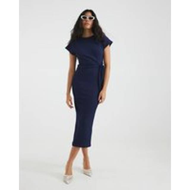 River Island Womens Navy Textured Tie Waist Midi Dress - XS
