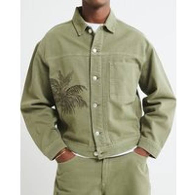 Mens River Island Green Denim Embroidered Palm Jacket