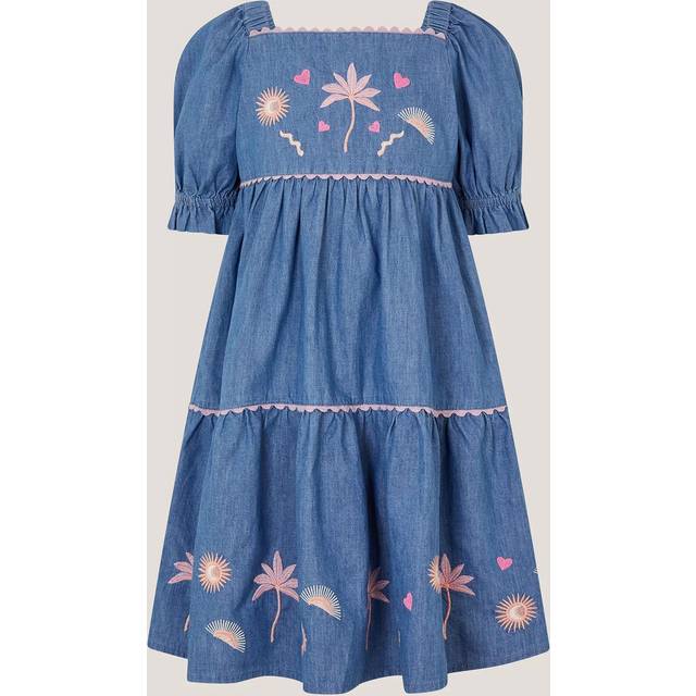 Monsoon Kids' Denim Puff Sleeve Embroidered Dress, Blue