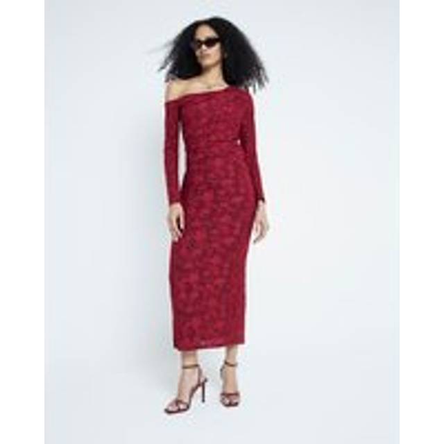 River Island Womens Red Long Sleeve Draped Off The Shoulder Top - 18