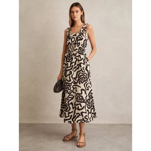 Akari Printed Shirred Dress - BROWN/IVORY - Beginning with men's tailoring in 1970's London, Reiss' design philosophy has endured for over five decades, maintaining the distinctive tailoring, sharp cuts, and contemporary prints it has become famous for to create investment pieces destined to stay in your wardrobe for seasons to come.