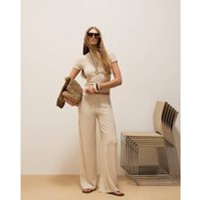 River Island Womens Cream Textured Wide Leg Trousers - M