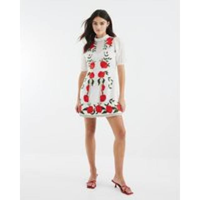 River Island Womens White Short Sleeve Floral Applique Mini Dress - 16