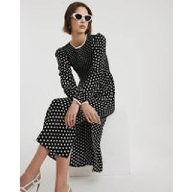 River Island Womens Black Long Sleeve Shirred Spot Midi Dress - 18